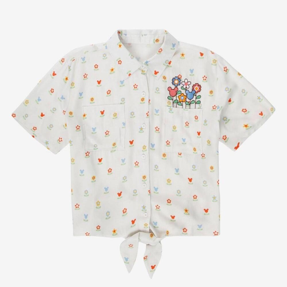 Disney White Floral Tie-Front Short Sleeve Blouse
